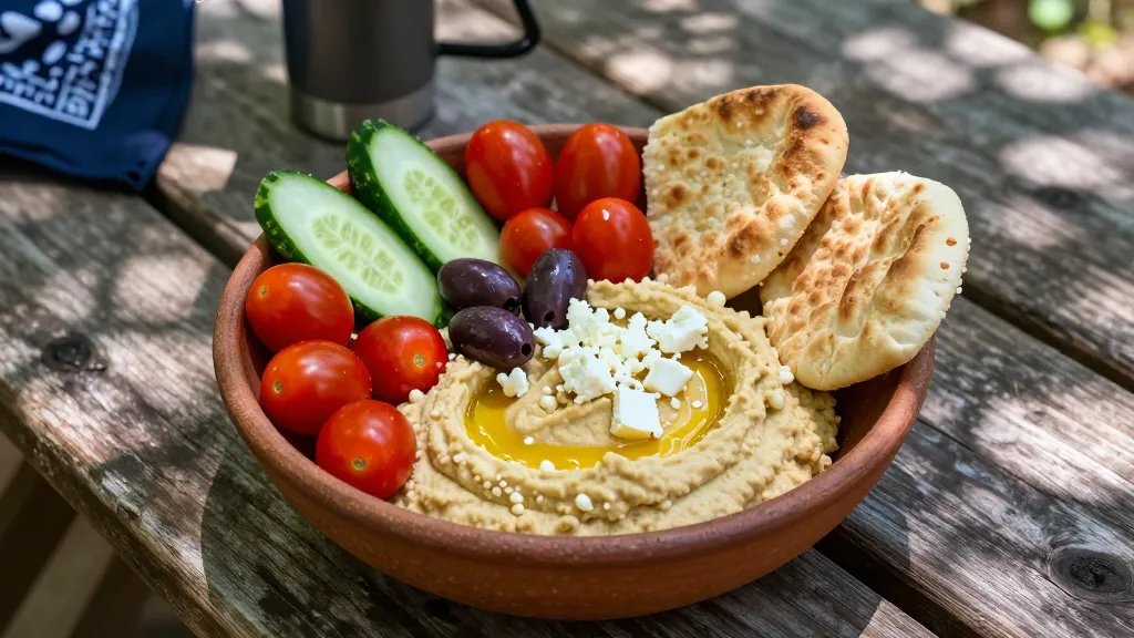 A vibrant overhead photograph of a rustic camping bowl filled with creamy hummus surrounded by colorful fresh vegetables including bright red cherry tomatoes, crisp cucumber slices, dark purple olives, and crumbled white feta cheese, with golden pita bread on the side, all arranged on a weathered wooden camping table with dappled sunlight filtering through trees, creating natural shadows, outdoor wilderness setting with a camping water bottle and bandana visible in the background, shallow depth of field highlighting the fresh Mediterranean ingredients
