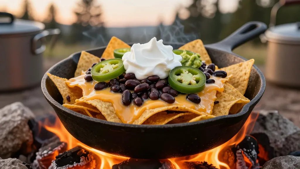 A close-up overhead shot of sizzling campfire nachos in a well-worn cast-iron skillet over glowing orange campfire embers, featuring layers of golden tortilla chips covered in bubbling melted cheese with black beans, jalapeño slices, and dollops of sour cream and guacamole, with camping cookware and pine trees softly blurred in the background during golden hour lighting