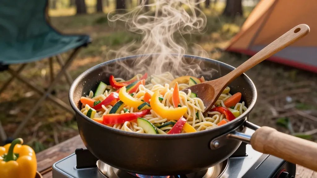 A rustic outdoor camping scene showing a steaming pot of colorful pasta primavera sitting on a portable camp stove, with bright red and yellow bell peppers, green zucchini, and orange carrots mixed throughout the creamy pasta, wisps of steam rising in the golden hour sunlight, a wooden spoon resting in the pot, surrounded by pine trees and camping gear in soft focus background, photographed from a 45-degree overhead angle with warm natural lighting