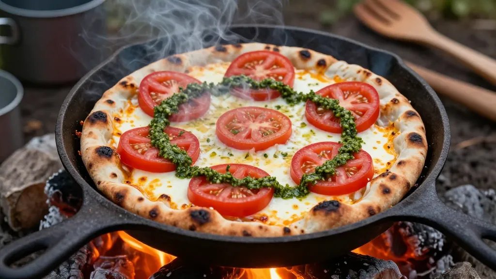 A close-up overhead shot of a rustic flatbread cooking on a cast iron skillet over glowing campfire embers, topped with melted mozzarella cheese, vibrant red tomato slices, and fresh green pesto drizzle, with wisps of smoke rising around the edges, warm golden firelight illuminating the bubbling cheese and charred spots on the dough, surrounded by camping cookware and wooden utensils on a natural outdoor setting