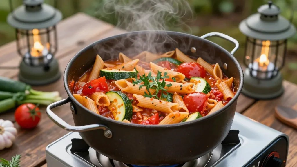 A rustic camping scene showing a single large pot sitting on a portable camp stove, filled with colorful one-pot pasta dish featuring penne noodles mixed with bright red tomatoes, green zucchini slices, and fresh herbs in a rich sauce, steam rising from the pot, surrounded by a wooden picnic table with scattered vegetables and a camping lantern in soft natural forest lighting, photographed from a 45-degree overhead angle with shallow depth of field focusing on the bubbling pasta