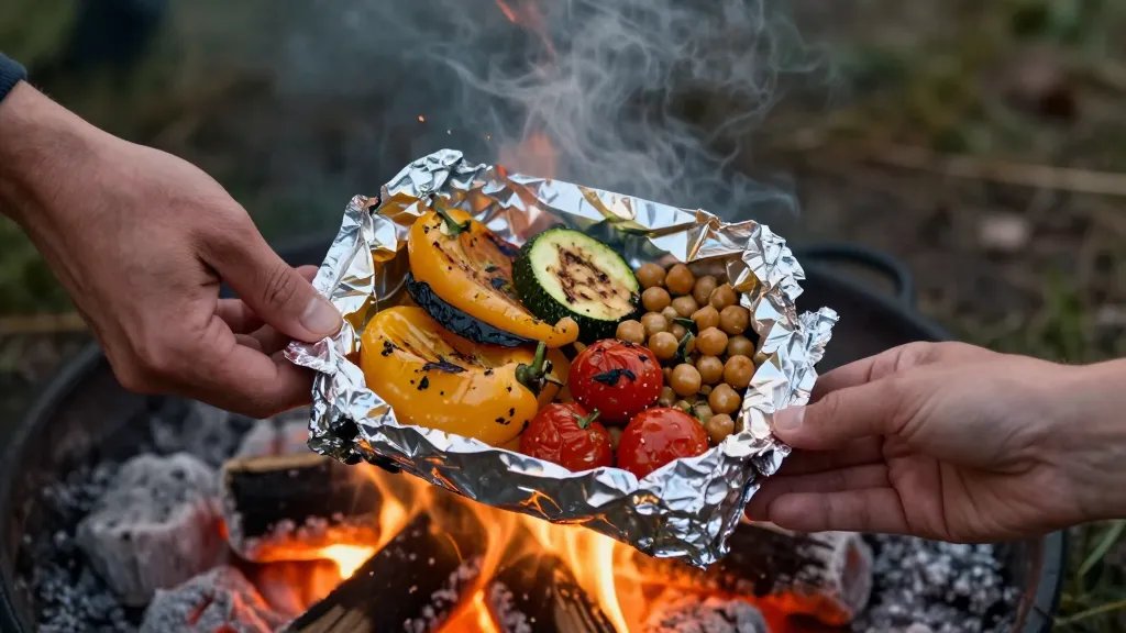 A close-up overhead photograph of hands opening a steaming foil packet over glowing campfire coals at dusk, revealing colorful roasted vegetables including golden bell peppers, charred zucchini, cherry tomatoes, and chickpeas glistening with herb-infused oil, with warm orange firelight reflecting off the crinkled aluminum foil and wisps of aromatic steam rising into the darkening outdoor air