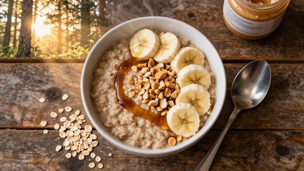 A overhead photograph of a steaming bowl of creamy peanut butter oatmeal topped with sliced bananas, crushed peanuts, and a drizzle of maple syrup, set on a rustic wooden camp table with morning sunlight streaming through pine trees in the background, a metal camping spoon resting beside the bowl, scattered rolled oats and a jar of peanut butter visible at the edge of the frame, shot from directly above with warm golden hour lighting creating soft shadows