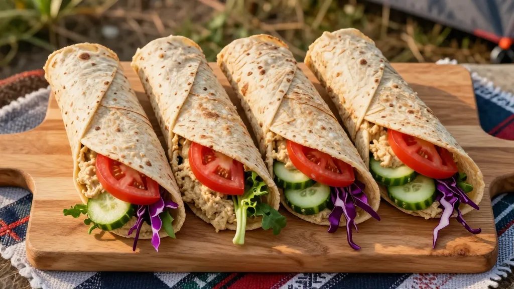 A overhead flat-lay photograph of freshly assembled hummus wraps on a rustic wooden cutting board at a campsite, featuring golden-brown whole wheat tortillas filled with creamy beige hummus, vibrant red tomato slices, crisp green cucumber rounds, purple cabbage shreds, and fresh leafy greens spilling out from the open ends, set against a natural outdoor background with a camping blanket visible at the edge, shot in warm afternoon sunlight with shallow depth of field