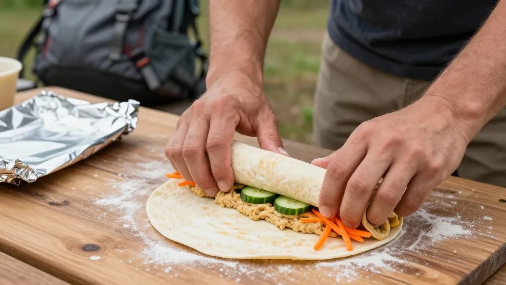 A close-up outdoor photograph of hands tightly rolling a flour tortilla wrap filled with colorful layers of hummus, fresh cucumber slices, and shredded orange carrots on a wooden camping table, with a sheet of aluminum foil ready nearby and a blurred hiking backpack in the background, natural daylight, shallow depth of field, realistic food photography style