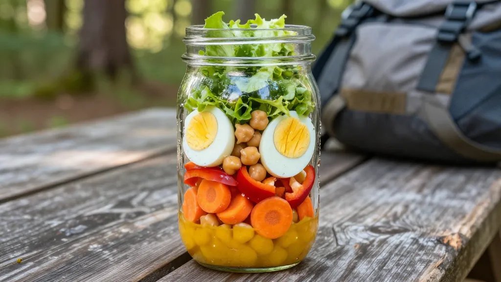 A close-up photograph of a clear glass mason jar filled with colorful layered salad ingredients, positioned on a weathered wooden picnic table in natural outdoor lighting. The jar shows distinct vibrant layers from bottom to top: golden vinaigrette dressing at the base, bright orange carrot rounds and red bell pepper strips in the second layer, chickpeas and halved hard-boiled eggs in the middle, with fresh green lettuce leaves visible at the top. The background shows a softly blurred forest setting with dappled sunlight, and a worn hiking backpack partially visible to the side. Shot from a slight side angle to showcase the beautiful stratification of ingredients, with condensation drops on the outside of the jar emphasizing freshness.