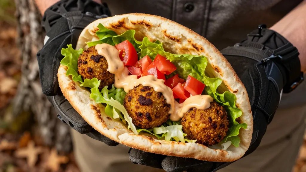 A close-up overhead shot of an open pita pocket filled with golden-brown falafel balls, crisp green lettuce, and diced red tomatoes, with creamy tahini sauce drizzled on top, held in hands wearing hiking gloves against a natural outdoor background of tree bark and fallen leaves, warm natural lighting highlighting the texture of the stuffed pita bread