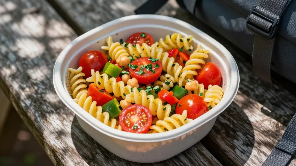 A overhead close-up photograph of a vibrant cold pasta salad in a reusable camping container, featuring rotini or fusilli pasta glistening with olive oil vinaigrette, mixed with cherry tomatoes, diced bell peppers, chickpeas, and fresh herbs, sitting on a weathered wooden picnic table with dappled sunlight filtering through tree leaves, hiking backpack straps visible at the edge of the frame, shot with shallow depth of field to emphasize the colorful, appetizing ingredients