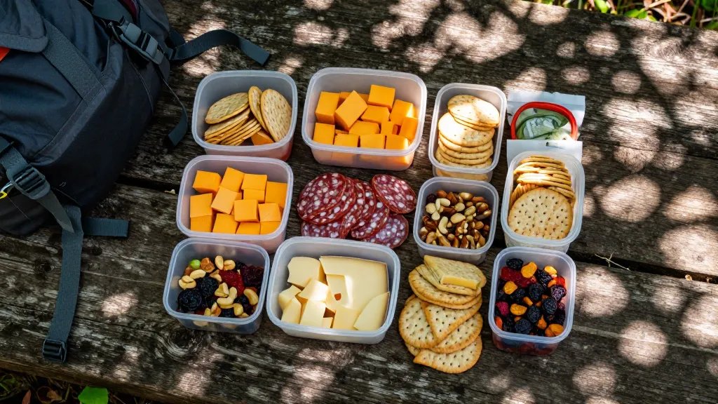 A top-down photograph of a deconstructed snack box camping lunch spread out on a weathered wooden trail surface, featuring cubed hard cheddar and gouda cheese, sliced salami rounds, crackers, mixed nuts, and dried fruit arranged in separate small reusable containers and bags, with a hiking backpack partially visible in the corner and dappled forest sunlight creating natural shadows across the scene, shot in natural outdoor lighting with rich, warm tones and sharp detail