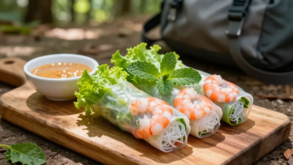 A close-up overhead shot of vibrant Vietnamese summer rolls arranged on a rustic wooden cutting board in a sunny outdoor forest setting, with translucent rice paper wrapping revealing colorful layers of pink shrimp, white vermicelli noodles, bright green lettuce and fresh mint leaves inside, alongside a small bowl of peanut dipping sauce, with dappled sunlight filtering through trees and a camping backpack slightly blurred in the background, shot in natural lighting with shallow depth of field emphasizing the fresh, appetizing details of the rolls