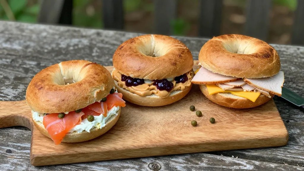 A high-quality overhead photograph of a rustic wooden cutting board displaying three freshly made bagel sandwiches cut in half to show their fillings: one with cream cheese, smoked salmon and capers, another with creamy peanut butter and purple jelly, and a third with layers of sliced turkey, yellow cheese and mustard. The bagels are golden-brown and perfectly round, sitting on a weathered outdoor picnic table with a blurred forest background. Natural sunlight illuminates the scene, highlighting the texture of the bagels and the vibrant colors of the various fillings, with a few loose capers and a small knife visible on the board for authenticity.
