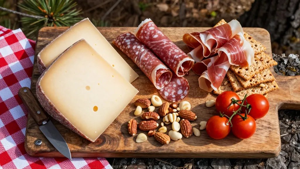 A overhead flat-lay photograph of rustic no-cook camping lunch components artfully arranged on a weathered wooden cutting board in natural outdoor lighting, featuring thick slices of aged cheddar and manchego cheese, rolled cured salami and prosciutto, whole grain crackers, cherry tomatoes, and mixed nuts scattered around, with a red and white checkered cloth partially visible at the edge, a camping knife with wooden handle, and soft-focus pine forest visible in the blurred background, shot in warm afternoon sunlight creating natural shadows