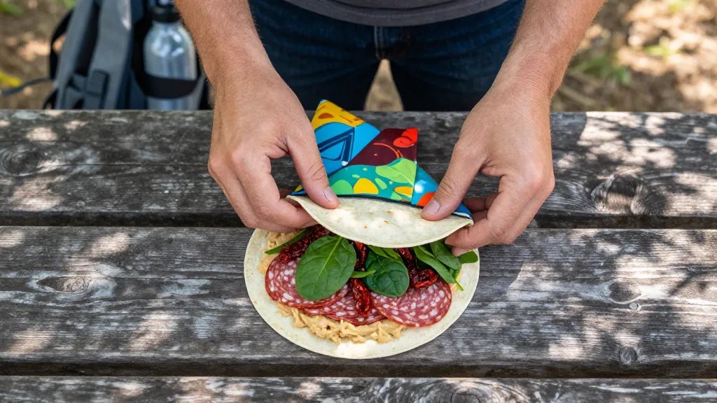 A top-down overhead shot of hands assembling a colorful camping wrap on a rustic wooden picnic table outdoors, featuring an open flour tortilla spread with hummus, layers of salami slices, fresh green spinach leaves, and sun-dried tomatoes, with camping gear visible in the soft-focused background including a backpack and water bottle, natural daylight creating warm shadows, realistic outdoor lunch preparation scene