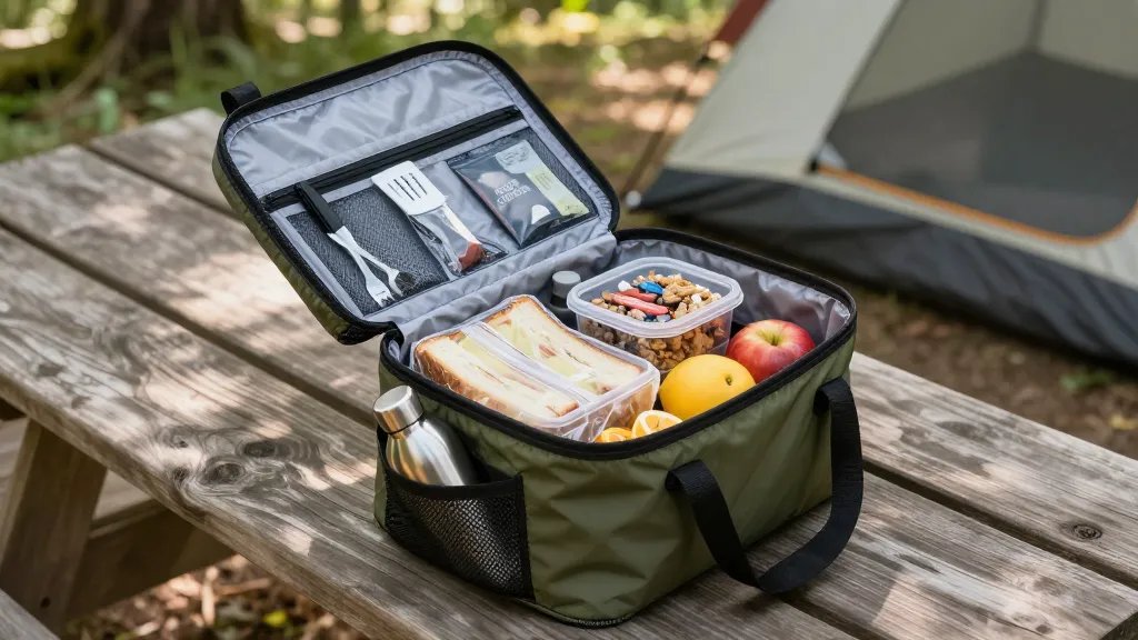 A high-angle overhead view of an open insulated waterproof lunch bag in olive green sitting on a wooden picnic table at a campsite, filled with organized camping lunch items including wrapped sandwiches, trail mix in clear containers, fresh fruit, condiment packets, and utensils in mesh pockets, with a stainless steel water bottle secured in a side pocket, natural forest lighting filtering through trees in the background, shallow depth of field creating a soft bokeh effect on the camping tent visible behind