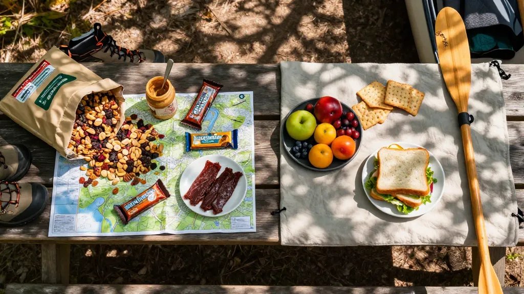 A dynamic overhead shot of two contrasting camping lunch setups side by side on a wooden picnic table in natural sunlight - on the left, a high-energy mountaineering lunch spread featuring dense calorie foods like trail mix overflowing from a bag, peanut butter jar with a spoon, energy bars, and jerky arranged on a topographic map with hiking boots visible at the edge; on the right, a lighter lakeside lunch with fresh fruit, crackers, and a simple sandwich on a soft blanket with a canoe paddle leaning against the table, all photographed from directly above with dappled forest shade creating natural contrast