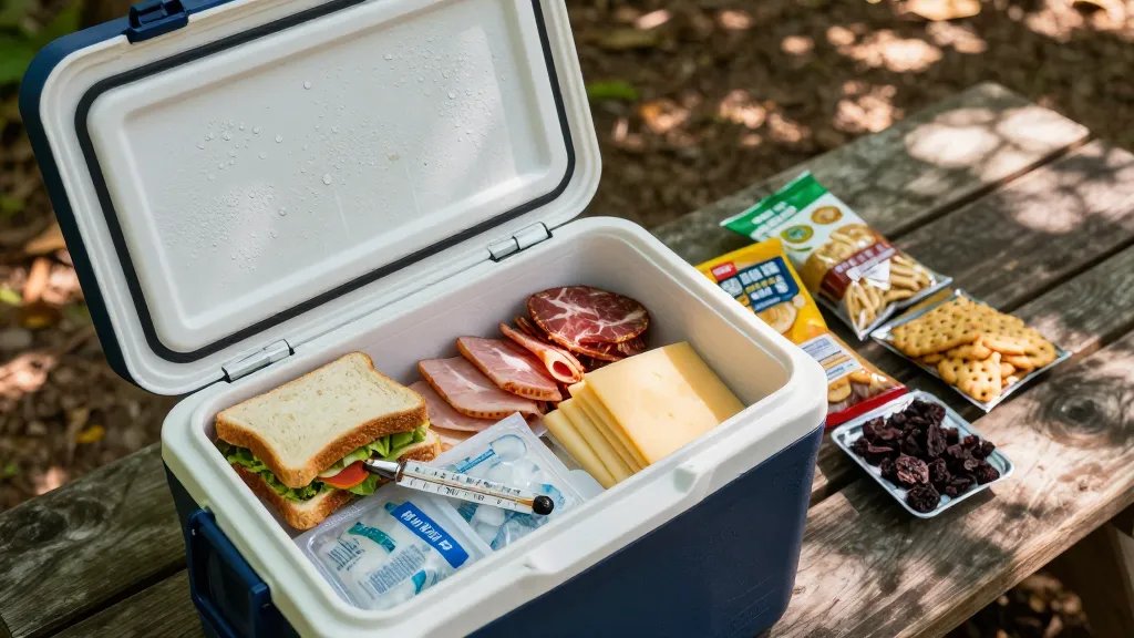 A realistic overhead photograph of a camping cooler opened on a wooden picnic table in dappled forest sunlight, containing fresh sandwich ingredients, deli meats, cheeses, and ice packs in the foreground, with a weathered food thermometer and condensation droplets visible on the cooler lid, while shelf-stable foods like crackers and dried fruits are neatly arranged beside it on the rustic table surface, shot in warm natural lighting with shallow depth of field