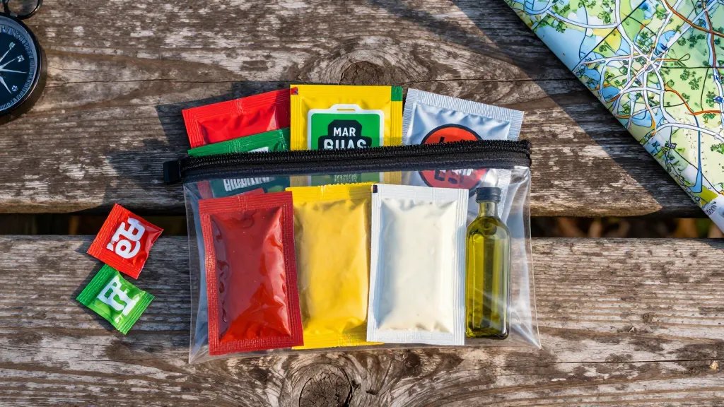 A top-down flat lay photograph of a compact camping condiment kit spread out on a weathered wooden picnic table in natural outdoor lighting, featuring an array of colorful single-serve condiment packets including red hot sauce, yellow mustard, white mayo, and silver olive oil packets arranged in an organized manner inside a small waterproof zippered pouch, with a few packets scattered artfully nearby, surrounded by subtle camping elements like a compass edge and hiking map corner, shot in warm afternoon sunlight casting soft shadows, photorealistic style with shallow depth of field emphasizing the condiment variety