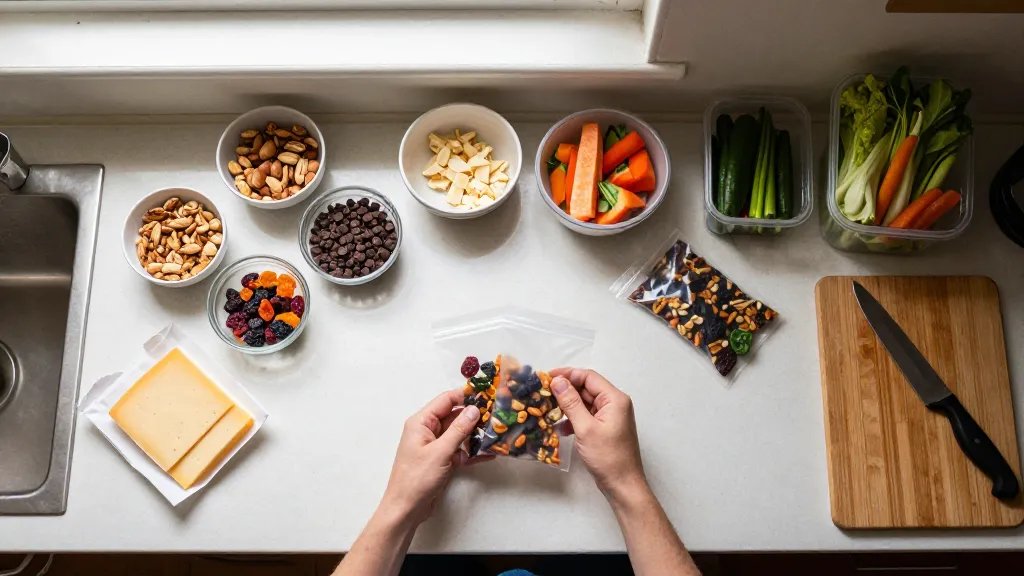 A overhead flat-lay photograph of a kitchen counter showing organized camping lunch meal prep in progress, with hands portioning trail mix into individual clear plastic bags, surrounded by various ingredients in small bowls including nuts, dried fruits, and chocolate chips, pre-cut vegetables in containers, portioned cheese blocks wrapped in wax paper, and a cutting board with a sharp knife, all bathed in natural morning sunlight from a nearby window, shot from directly above in realistic documentary style with warm, inviting colors