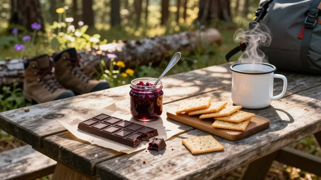 A close-up overhead shot of a rustic wooden picnic table in a sunlit forest clearing, featuring an inviting camping lunch spread with a focus on indulgent treats: an unwrapped premium dark chocolate bar with one piece broken off, a small glass jar of ruby-red jam with a vintage spoon, artisanal crackers arranged on a wooden board, and a steaming enamel camping mug. Dappled sunlight filters through pine trees above, casting warm golden patches across the scene. In the soft-focus background, hiking boots and a backpack rest against a log, while wildflowers add pops of purple and yellow. The composition emphasizes comfort and pleasure over utility, with rich textures and warm, inviting tones that convey the joy and morale-boosting aspect of treating yourself during outdoor adventures.