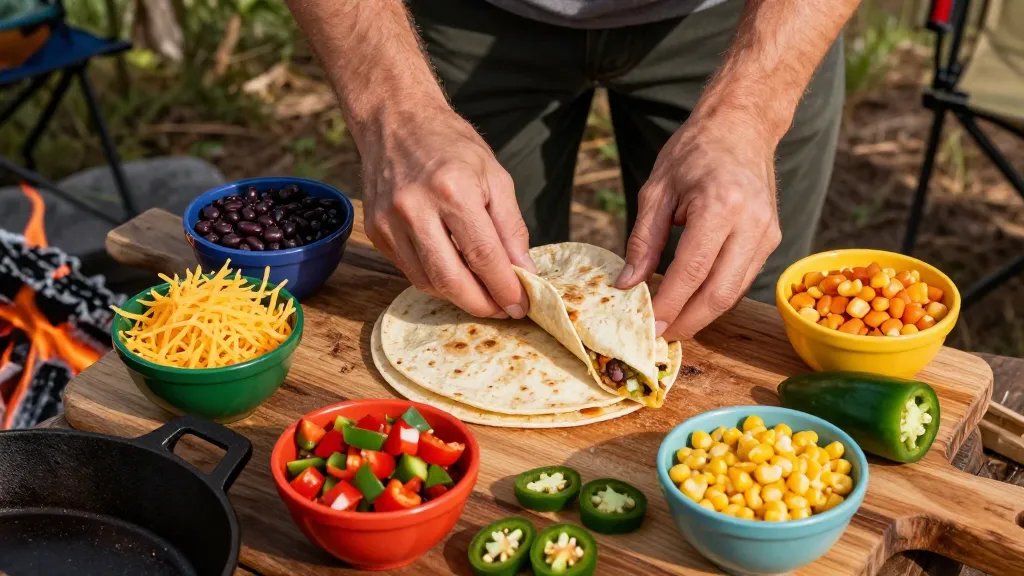 A high-quality overhead photograph of hands assembling a quesadilla at an outdoor camping setup, with flour tortillas laid flat on a rustic wooden cutting board, colorful bowls filled with shredded yellow cheese, black beans, diced red and green peppers, corn kernels, and sliced jalapeños arranged around the board, warm afternoon sunlight casting natural shadows, a cast iron skillet visible at the edge of the frame near glowing campfire embers, camping gear softly blurred in the background among pine trees, vibrant fresh ingredients creating an appetizing spread