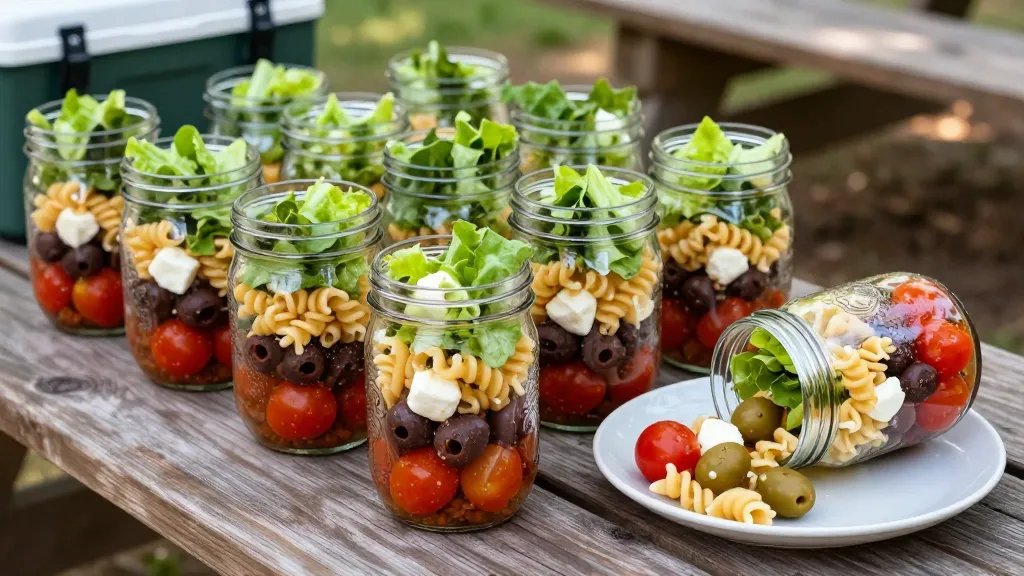 A overhead photograph of multiple clear mason jars filled with colorful layered pasta salad arranged on a rustic wooden picnic table at a campsite, showing distinct visible layers of Italian dressing at the bottom, bright red cherry tomatoes and dark olives in the middle, rotini pasta, cubed mozzarella cheese, and fresh green lettuce on top, with one jar tipped on its side showing the mixed contents spilled onto a camping plate, natural outdoor lighting filtering through trees, condensation on the glass jars, camping cooler visible in the background