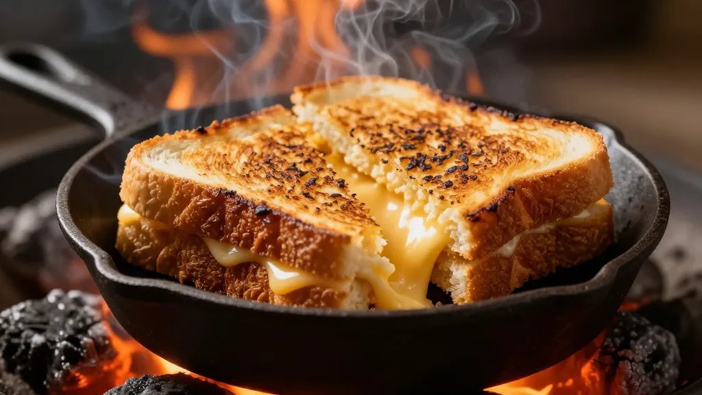 A close-up photograph of golden-brown gourmet grilled cheese sandwiches being cooked in cast iron pie irons over glowing campfire flames, with melted cheese visibly oozing from the sides of thick sourdough bread, surrounded by wisps of smoke and orange embers, shot from a low angle with shallow depth of field focusing on the crispy, buttered exterior of the sandwich against the warm firelight