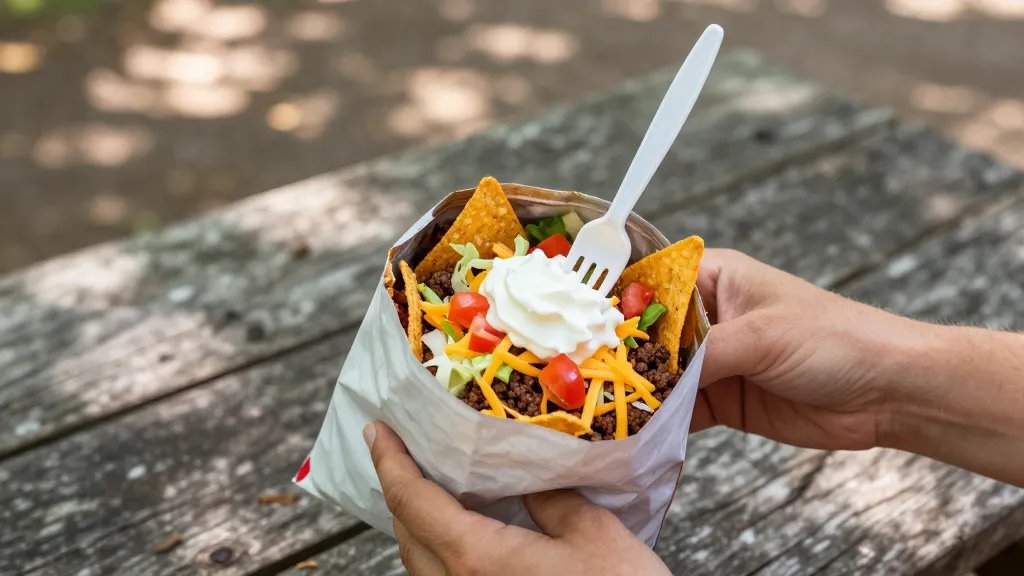 A close-up overhead photograph of hands holding an open bag of orange tortilla chips filled with seasoned ground beef, shredded cheddar cheese, diced tomatoes, shredded lettuce, and a dollop of sour cream, with a plastic fork inserted into the bag, set against a rustic wooden picnic table at an outdoor campsite with dappled sunlight filtering through trees in the soft-focused background