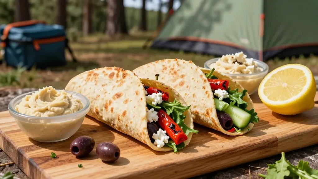 A high-quality overhead photograph of freshly assembled Mediterranean wraps on a rustic wooden cutting board at a sunny campsite, featuring vibrant ingredients including bright red roasted peppers, crisp green cucumbers, white crumbled feta cheese, dark purple olives, and leafy greens spilling from golden-brown flour tortillas, with a small bowl of creamy hummus and a halved lemon nearby, natural outdoor lighting casting soft shadows, camping gear subtly blurred in the background among pine trees