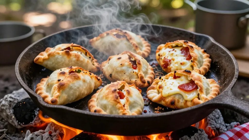A close-up overhead shot of freshly made campfire pizza pockets with golden-brown, flaky biscuit dough crusted from outdoor cooking, placed on a rustic cast iron skillet over glowing orange campfire coals, with melted mozzarella cheese and pepperoni visible through a split opening in one of the pockets, dappled sunlight filtering through trees in the soft-focused background, steam rising from the hot filling, camping cookware and a red checkered cloth visible at the edge of the frame