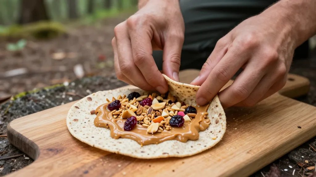 A close-up overhead shot of hands assembling a trail mix wrap on a wooden cutting board in an outdoor camping setting, showing a large whole wheat tortilla spread with creamy peanut butter and drizzled honey, topped with colorful granola clusters, dried cranberries, and chopped nuts, with a forest trail blurred in the background, natural daylight, rustic camping aesthetic, shallow depth of field