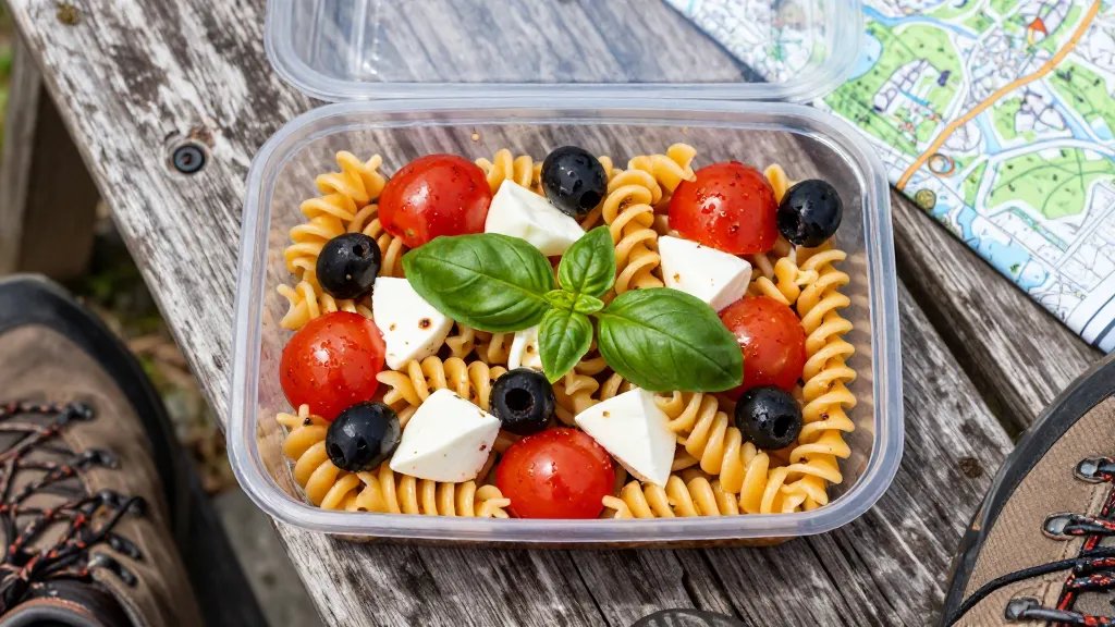 A top-down photograph of an open plastic container filled with colorful rotini pasta salad on a weathered wooden picnic table at a scenic mountain overlook, featuring spiral pasta tossed with cherry tomatoes, cubed mozzarella, black olives, and fresh basil leaves glistening with Italian vinaigrette, with hiking boots and a trail map partially visible at the edges of the frame, natural daylight casting soft shadows, shallow depth of field focusing on the pasta's texture and vibrant ingredients
