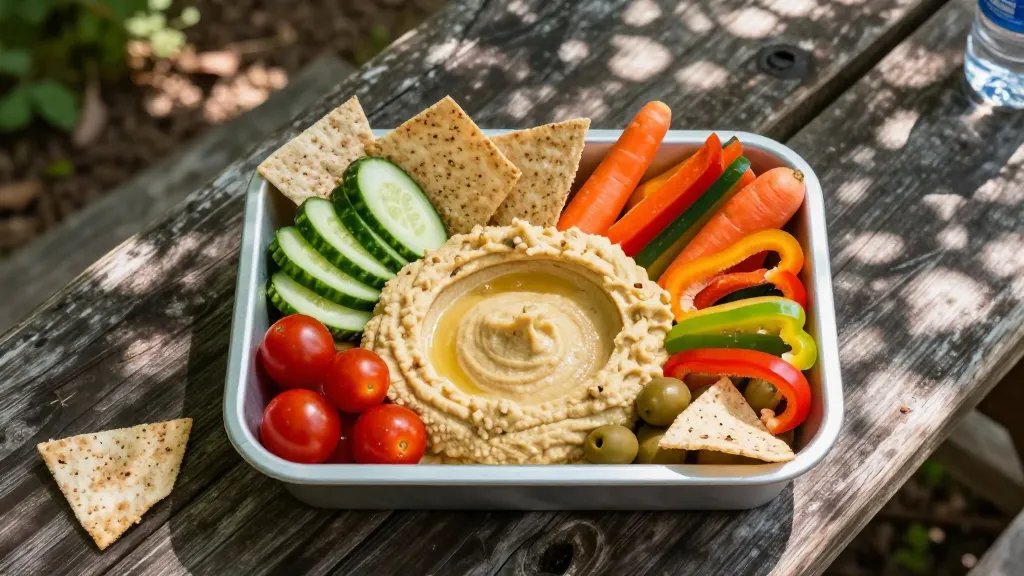 A vibrant overhead shot of an open camping container filled with creamy beige hummus in the center, surrounded by colorful fresh vegetables including cherry tomatoes, cucumber slices, rainbow carrots, and bell pepper strips, with whole grain pita chips and olives arranged around the edges, set on a weathered wooden picnic table with dappled sunlight filtering through tree leaves, creating natural shadows, with a blurred forest trail background and a water bottle visible at the corner
