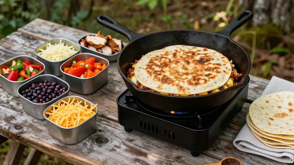 A vibrant overhead shot of a rustic camping quesadilla station setup on a weathered wooden camp table, featuring an open cast iron skillet on a portable camp stove with a golden-brown quesadilla cooking inside, surrounded by small metal camping containers filled with colorful fillings including shredded cheese, diced peppers, black beans, and grilled chicken, with a stack of flour tortillas wrapped in a cloth napkin to the side, natural forest lighting filtering through trees in the background, shallow depth of field focusing on the sizzling quesadilla with melted cheese visible at the edges