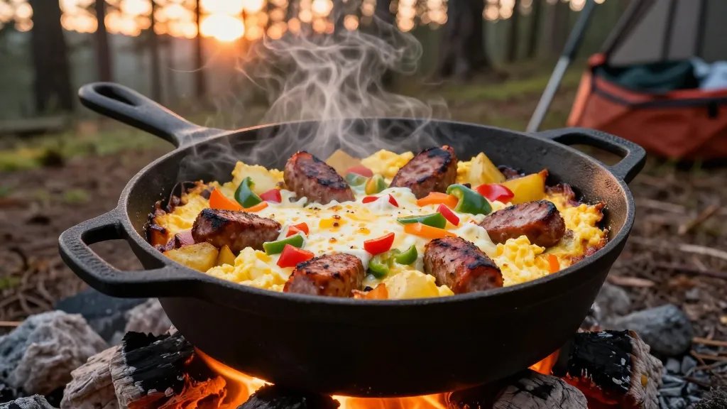 A rustic cast iron Dutch oven sitting on glowing campfire coals in early morning light, filled with a bubbling breakfast casserole showing layers of golden scrambled eggs, browned breakfast sausage, diced potatoes, colorful red and green bell peppers, and melted cheese on top, with steam rising from the dish, surrounded by pine forest background and camping gear visible in soft focus, shot from a 45-degree overhead angle with warm sunrise lighting casting orange and amber tones across the scene