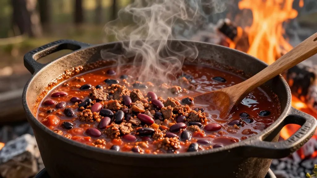 A rustic cast iron Dutch oven filled with rich, bubbling campfire chili featuring visible chunks of ground beef, red kidney beans, and black beans in a thick tomato-based sauce, photographed from a 45-degree overhead angle, with glowing orange campfire coals and flames visible in the background, wisps of steam rising from the chili, a wooden spoon resting on the side of the pot, warm golden hour lighting creating dramatic shadows, shallow depth of field focusing on the hearty chili texture, outdoor wilderness setting with blurred pine trees in the distance