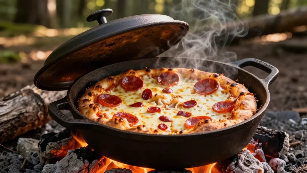 A rustic cast iron Dutch oven sitting on glowing campfire coals outdoors, lid lifted to reveal golden-brown pull-apart pepperoni pizza bread with melted mozzarella cheese stretching between the pieces, mini pepperonis visible throughout, steam rising from the freshly baked bread, natural forest background with dappled sunlight, shot from a 45-degree angle showing both the interior and the camping setting, warm evening light, professional food photography style with shallow depth of field