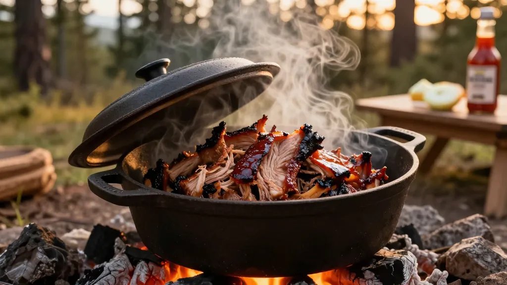 A rustic outdoor camping scene featuring a cast iron Dutch oven with lid partially open revealing tender, glistening BBQ pulled pork that's falling apart, wisps of steam rising into the air, positioned on hot campfire coals with glowing embers underneath, surrounded by natural wilderness setting with pine trees softly blurred in the background, golden hour lighting creating warm amber tones on the caramelized meat, a wooden camping table visible to the side with sliced onions and a bottle of BBQ sauce, photographed from a 45-degree angle showing both the succulent shredded pork texture and the outdoor cooking setup, shallow depth of field with focus on the meat's rich mahogany color and glossy sauce coating