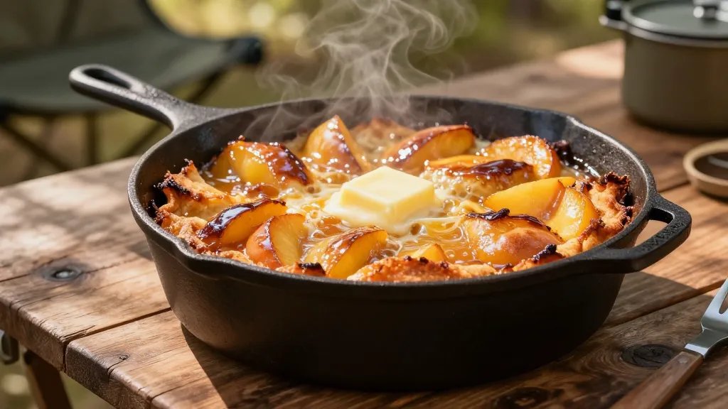 A golden-brown peach cobbler in a cast iron Dutch oven photographed from a 45-degree angle, showing bubbling peach filling with syrup seeping through the edges of a perfectly caramelized cake topping, wisps of steam rising from the surface, set on a rustic wooden camp table outdoors with dappled sunlight, camping equipment softly blurred in the background, rich amber and golden tones throughout, captured in warm natural lighting that highlights the glistening butter pooled on top of the crispy cake crust