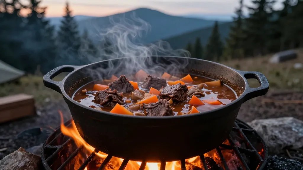 A rustic cast iron Dutch oven filled with steaming hearty beef stew sitting on a campfire grate at dusk, chunks of tender beef and colorful vegetables visible in rich brown gravy, warm orange firelight illuminating the pot from below, pine trees and misty mountain peaks in the background, cold evening atmosphere with visible breath in the air, camping setup with flickering flames creating dancing shadows, shot from a 45-degree angle showing the bubbling stew surface and rugged outdoor setting