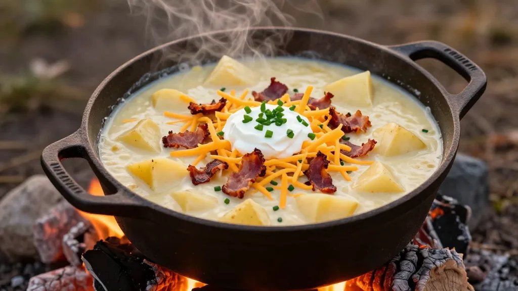 A rustic cast iron Dutch oven sitting over glowing campfire embers filled with creamy, thick baked potato soup topped with crispy bacon crumbles, shredded cheddar cheese, fresh chives, and sour cream dollops, steam rising from the rich golden-white soup, with chunks of tender potatoes visible in the creamy broth, warm firelight illuminating the scene from below, photographed from a 45-degree overhead angle in an outdoor camping setting during golden hour