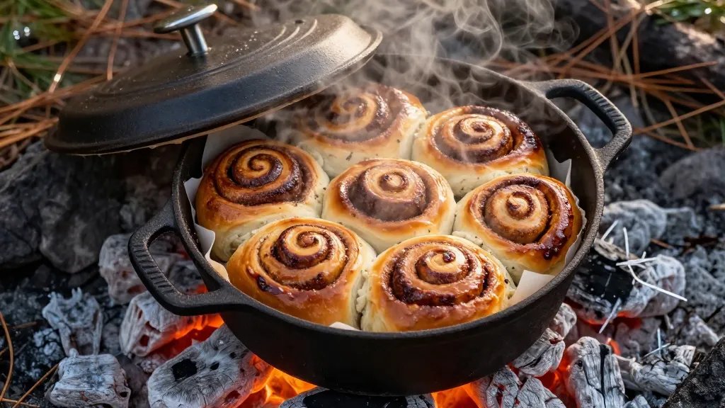 A close-up overhead photograph of golden-brown cinnamon rolls baking inside a cast iron Dutch oven positioned on glowing campfire coals, with the lid lifted to reveal perfectly risen rolls with caramelized edges, steam rising in the cool morning air, surrounded by scattered hot coals and ashes, natural outdoor lighting creating warm highlights on the glossy roll surfaces, parchment paper visible underneath, rustic camping setting with pine needles and morning dew in soft focus background