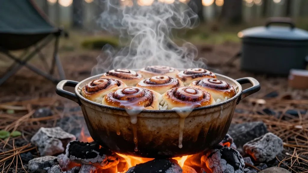 A rustic Dutch oven sitting on glowing campfire coals in early morning light, filled with golden-brown cinnamon rolls with melted icing dripping down their sides, wisps of steam rising into the cool forest air, surrounded by camping gear and pine needles on the forest floor, photographed from a 45-degree angle with shallow depth of field focusing on the gooey, caramelized rolls in warm sunrise tones