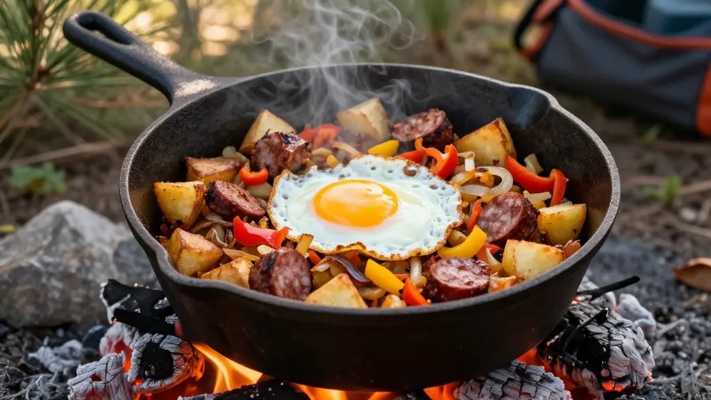 A rustic cast iron Dutch oven sitting on glowing campfire embers filled with a colorful breakfast hash featuring golden-brown crispy potato chunks, crumbled breakfast sausage, diced red and yellow bell peppers, caramelized onions, and sunny-side up eggs on top with steam rising, photographed from a 45-degree overhead angle in natural morning sunlight filtering through pine trees, with camping gear softly blurred in the background