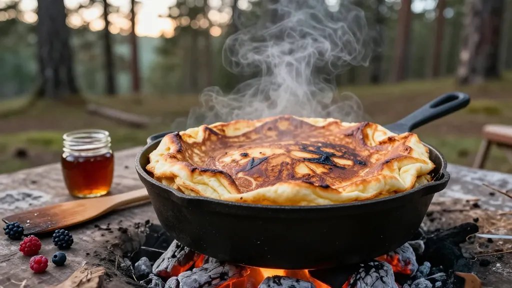A rustic morning camping scene showing a large, golden-brown puffy Dutch pancake inside a black cast iron Dutch oven positioned on campfire coals, the pancake's edges dramatically risen and caramelized, steam gently rising from its surface, with a wooden spatula resting beside the oven, surrounded by scattered wild berries and a small jar of maple syrup on a weathered wooden camp table, soft dawn light filtering through pine trees in the background, shallow depth of field focusing on the impressive height and texture of the single giant pancake