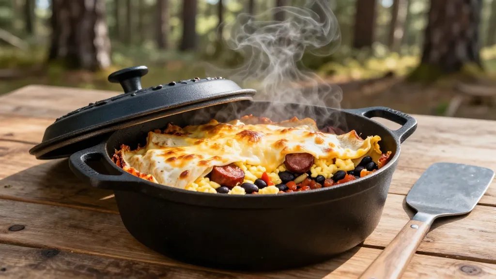A rustic outdoor camping scene showing a black cast iron Dutch oven sitting on a wooden camp table, lid removed to reveal a layered breakfast burrito casserole with golden melted cheese on top, visible layers of flour tortillas, scrambled eggs, and chorizo, with black beans and red salsa visible between the layers, morning sunlight filtering through pine trees in the background, a camping spatula resting beside the Dutch oven, steam rising from the hot casserole, natural outdoor lighting, shallow depth of field, professional food photography style