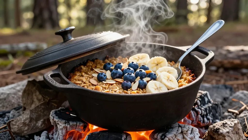 A rustic cast iron Dutch oven sitting on glowing campfire coals outdoors, lid removed to reveal a golden-brown baked oatmeal topped with fresh blueberries, sliced almonds, and banana rounds, with a camping spoon resting beside it, morning sunlight filtering through pine trees in the background, steam rising from the warm breakfast, captured from a 45-degree angle with shallow depth of field focusing on the textured oatmeal surface