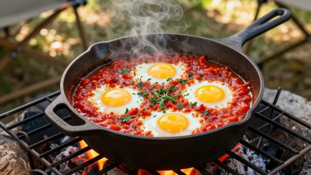 A rustic cast iron Dutch oven sitting on a campfire grate outdoors, filled with bubbling red tomato sauce and perfectly poached eggs with bright yellow yolks nestled in the spicy mixture, garnished with fresh herbs, with morning sunlight filtering through trees in the background and camping gear visible out of focus, shot from a 45-degree overhead angle, steam rising from the dish