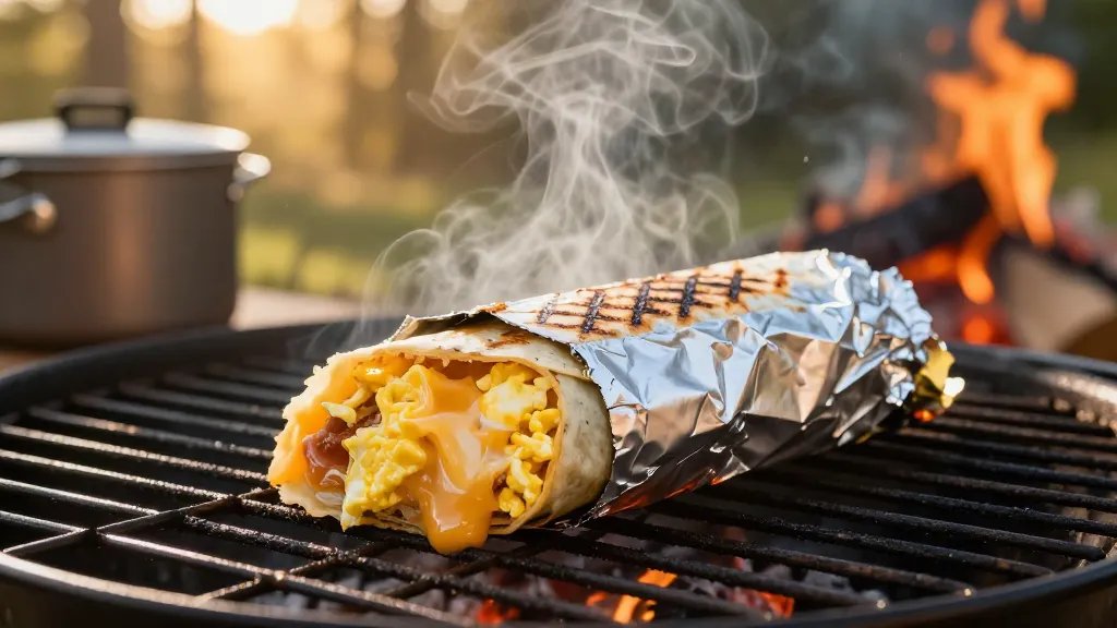 A close-up photograph of a freshly unwrapped foil packet revealing a loaded breakfast burrito on a camping grill grate, with melted cheese and scrambled eggs visible from the open end, wisps of steam rising, warm golden morning sunlight filtering through trees in the background, the aluminum foil partially peeled back showing grill marks, surrounded by camping cookware and a crackling campfire out of focus