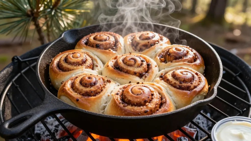 A close-up overhead shot of golden-brown cinnamon rolls arranged in a well-seasoned black cast iron skillet placed on a camping grate over glowing embers, with wisps of steam rising from the freshly baked rolls, morning sunlight filtering through pine trees in the background, and a small container of white icing visible at the edge of the frame, captured in warm natural tones with shallow depth of field