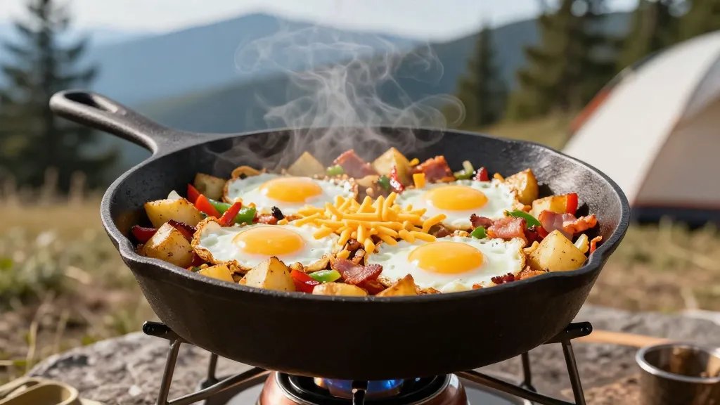 A rustic cast iron skillet filled with a hearty breakfast hash sitting on a portable camping stove, featuring golden-brown diced potatoes, crumbled bacon pieces, colorful bell peppers and onions, with sunny-side-up eggs nestled in wells throughout the hash, melted cheddar cheese sprinkled on top, steam rising from the hot food, photographed from a 45-degree angle in natural morning sunlight with a blurred mountain campsite background, outdoor camping setting visible with pine trees and tent in soft focus